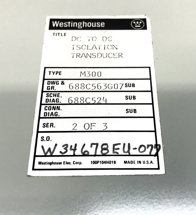 Westinghouse DC to DC Isolation Transducer M300 (688C563G07) NOS