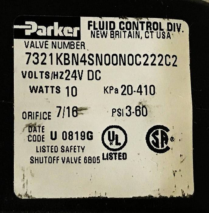 Parker 1/2 inch 2-Way 24VDC NPT Solenoid Valve 7321KBN4SN00N0C222C2 NOS