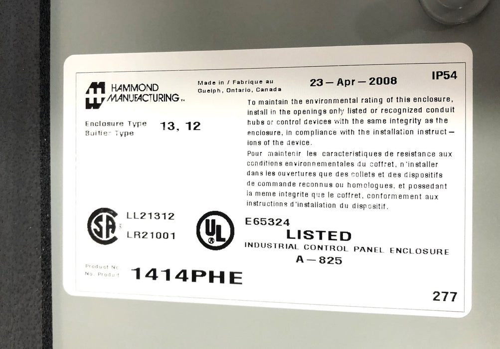Hamond Manufacturing Type 13, 12 Electrical Enclosure Junction Box 1414PHE NOS