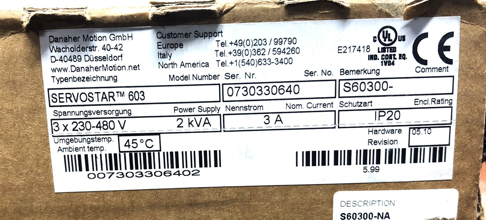 Danaher Motion 2kVA 3A IP20 Digital Servo Amplifier Servostar 603 NOS