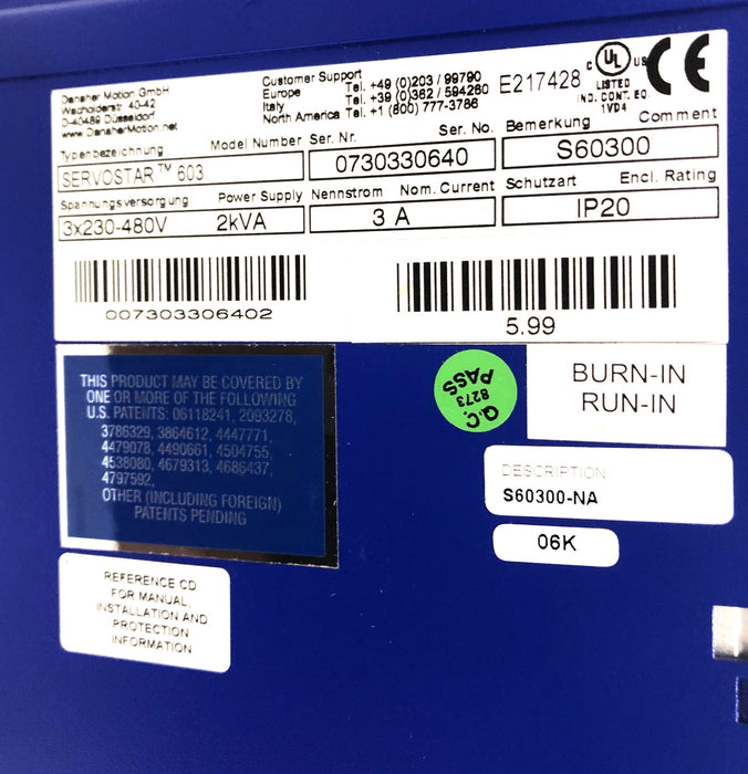 Danaher Motion 2kVA 3A IP20 Digital Servo Amplifier Servostar 603 NOS