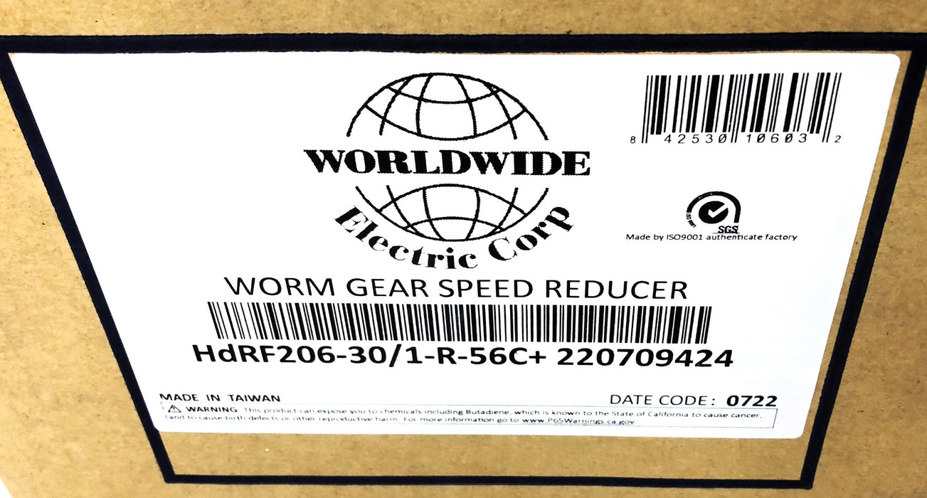 Worldwide 30:1 Ratio Right-Hand Worm Gear Speed Reducer HdRF206-30/1-R-56C+ NOS