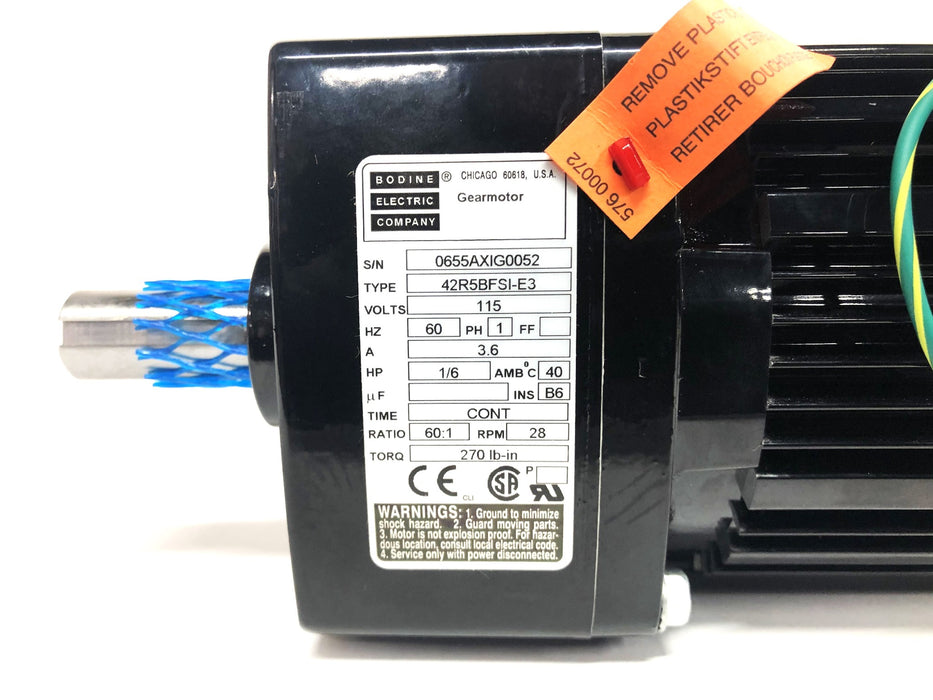 Bodine Electric Co 1156V 60:1 28RPM Gear Motor 42R5BFSI-E3 (0655AX) NOS