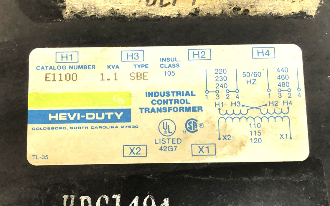 Hevi-Duty Type SBE 1.1 KVA Class 105 Industrial Control Transformer E1100 USED