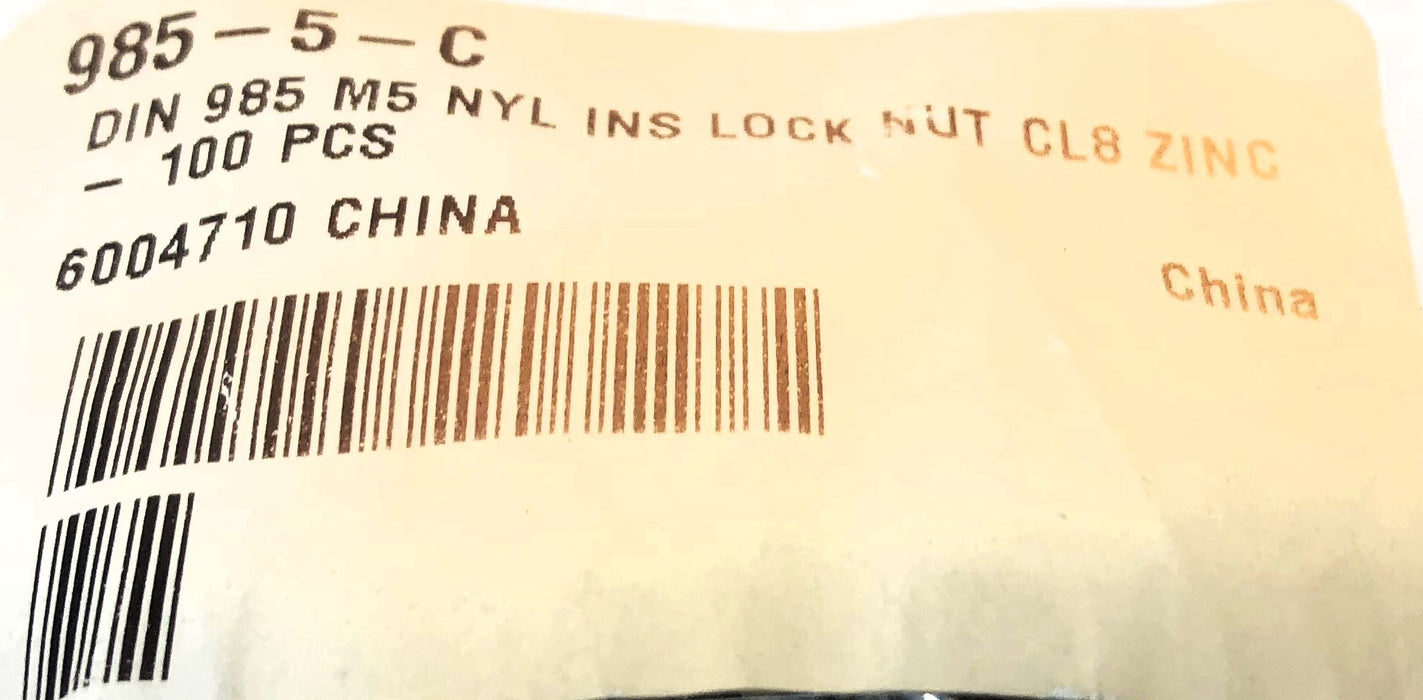 Unbranded DIN 985 M5 NYL INS Lock Nut CL8 Zinc 985-5-C [Lot of 299] NOS