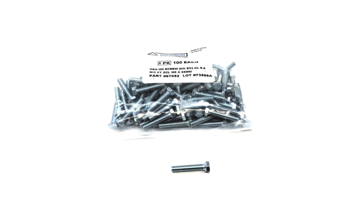 Infasco Pack of (100) Hex HD Screw DIN 933 CL 8.8 M5 x 25mm 67052 NOS