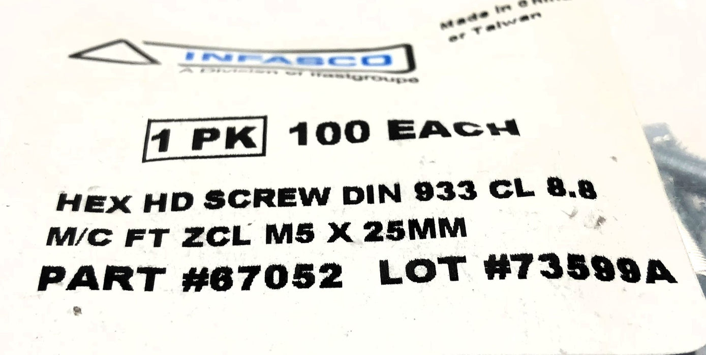 Infasco Pack of (100) Hex HD Screw DIN 933 CL 8.8 M5 x 25mm 67052 NOS