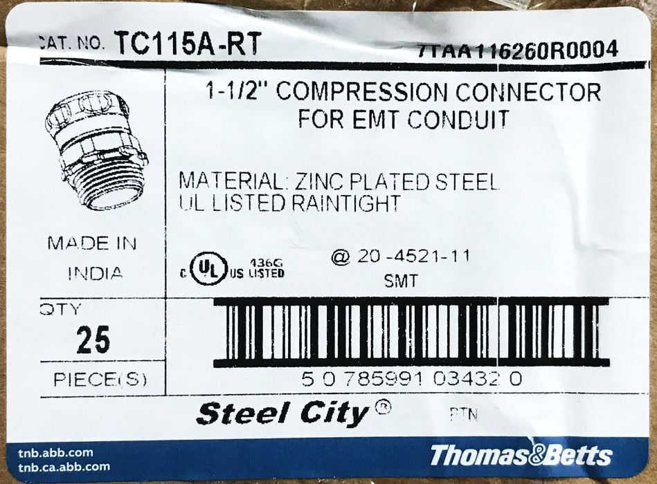 Thomas & Betts 1-1/2 inch EMT Conduit Steel Compression Fitting TC115A-RT NOS