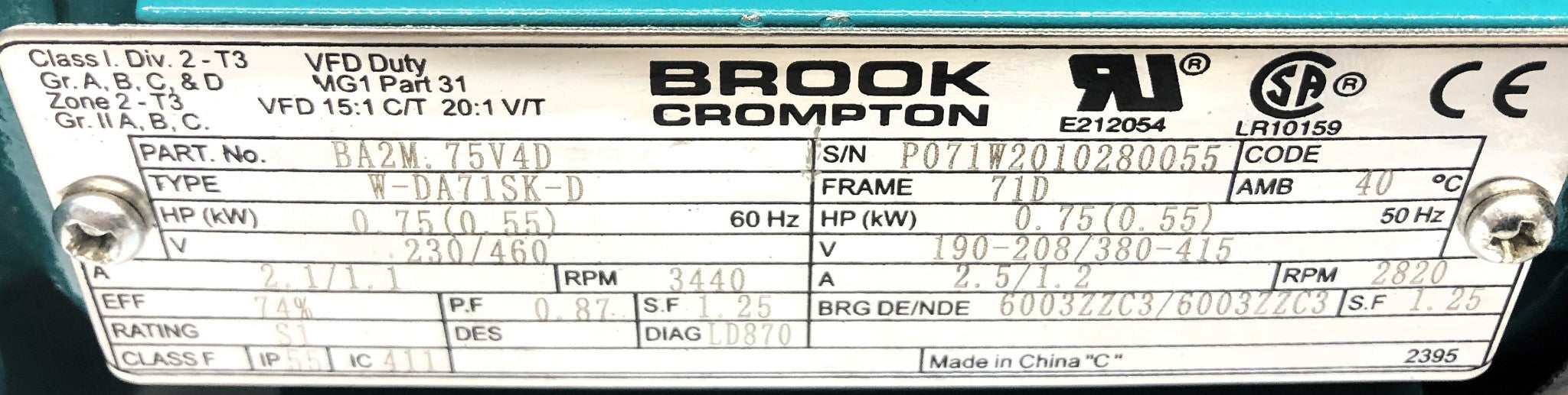 Brook Crompton 3440 RPM 3/4 HP General Purpose Motor BA2M.75V4D (BRK) USED