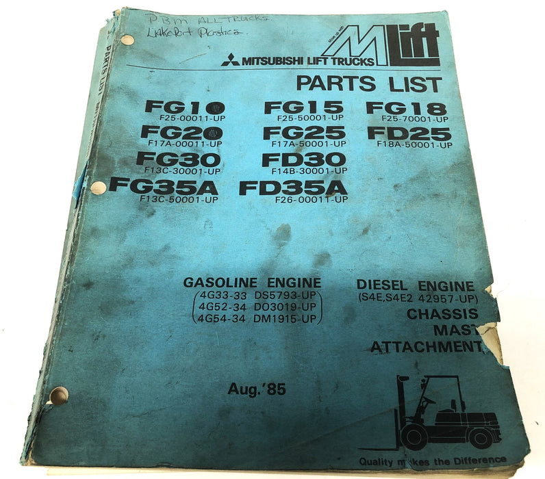 Mistubishi August 1985 MLift Parts List 98712-011C1 USED