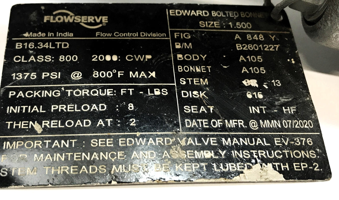 Flowserve / Edward 1-1/2" Globe Valve B16.34LTD USED