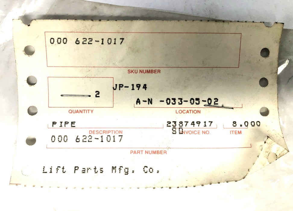 Lift Parts MFG Co Pipe Assembly 622-1017 NOS