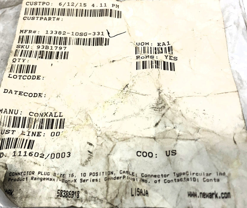 Conxall 10 Position Circular Connector Plug 13382-10SG-331 NOS