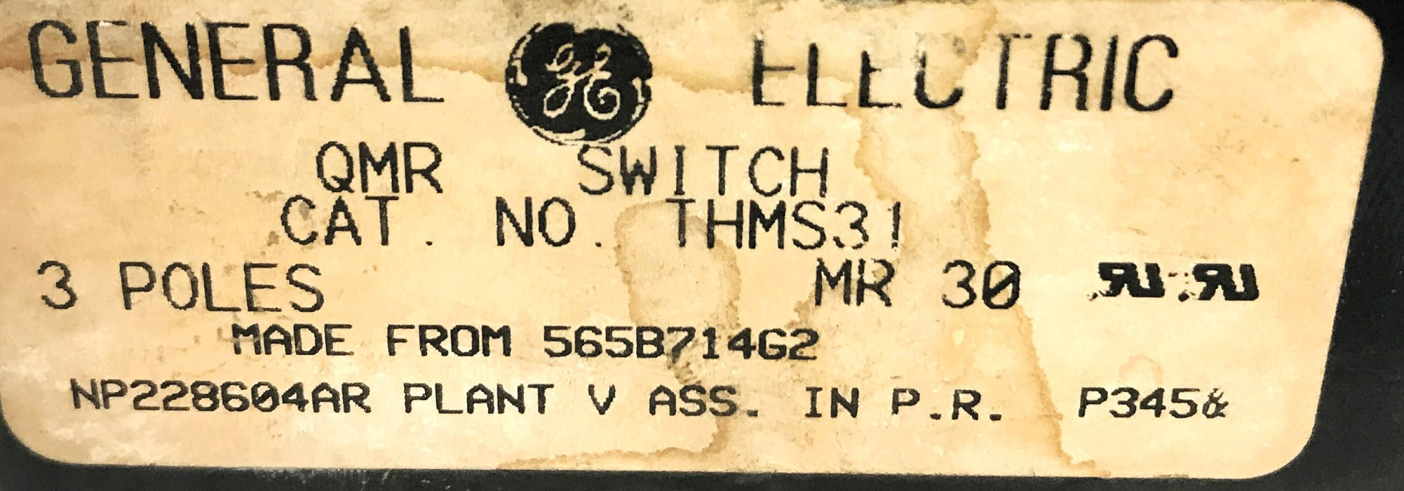 General Electric QMR Disconnect Switch THMS31 USED