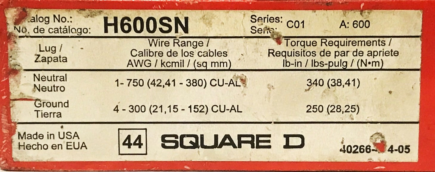 Square D New Equipment Ground Kit H600SN USED