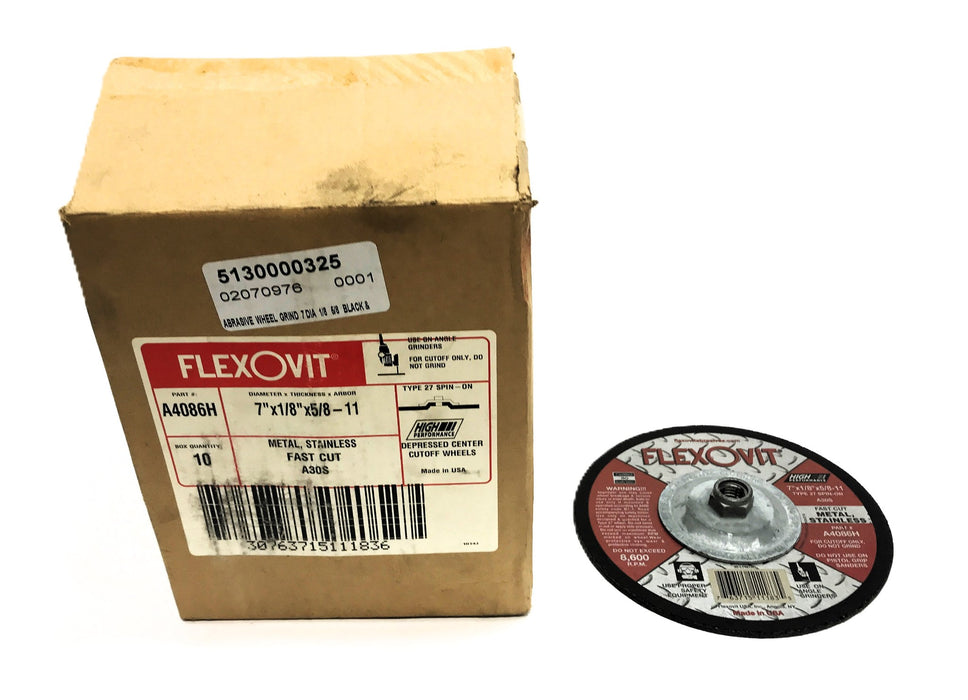 Flexovit Box of (10) 7 x 1/8 x 5/8-11" Stainless Cutoff Wheels A4086H NOS