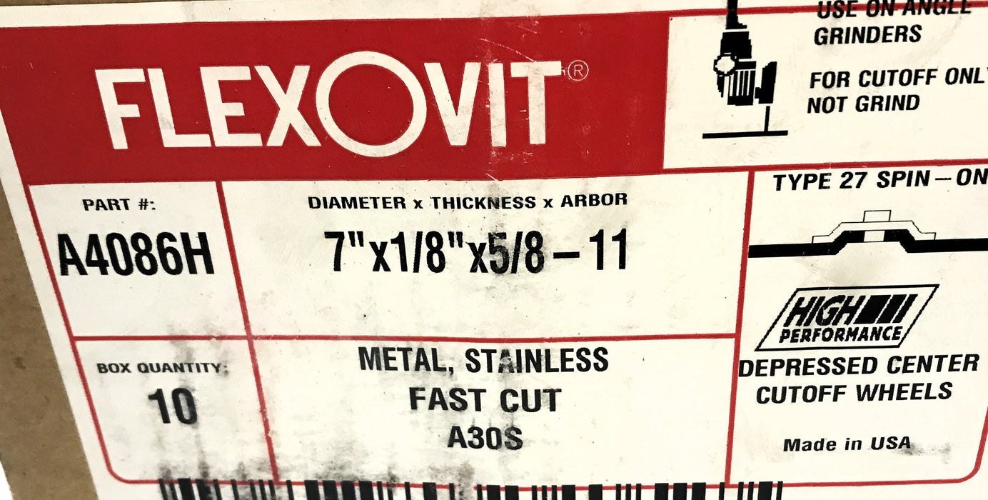 Flexovit Box of (10) 7 x 1/8 x 5/8-11" Stainless Cutoff Wheels A4086H NOS