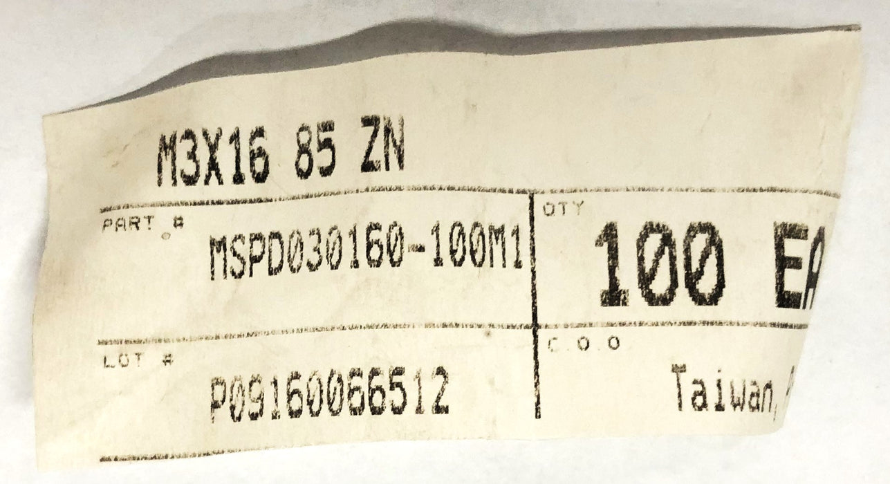 Unbranded 85 ZN M3X16 Pan Head Cap Screw MSPD030160-100M1 [Lot of 90] NOS