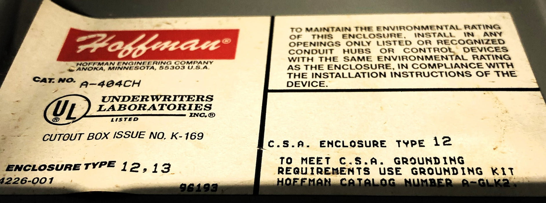 Hoffman Junction Box Enclosure A404-CH USED