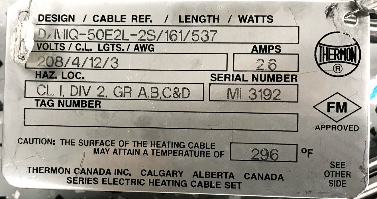 Thermon Heating Cable Assembly D/MIQ-50E2L-2S/161/537 NOS