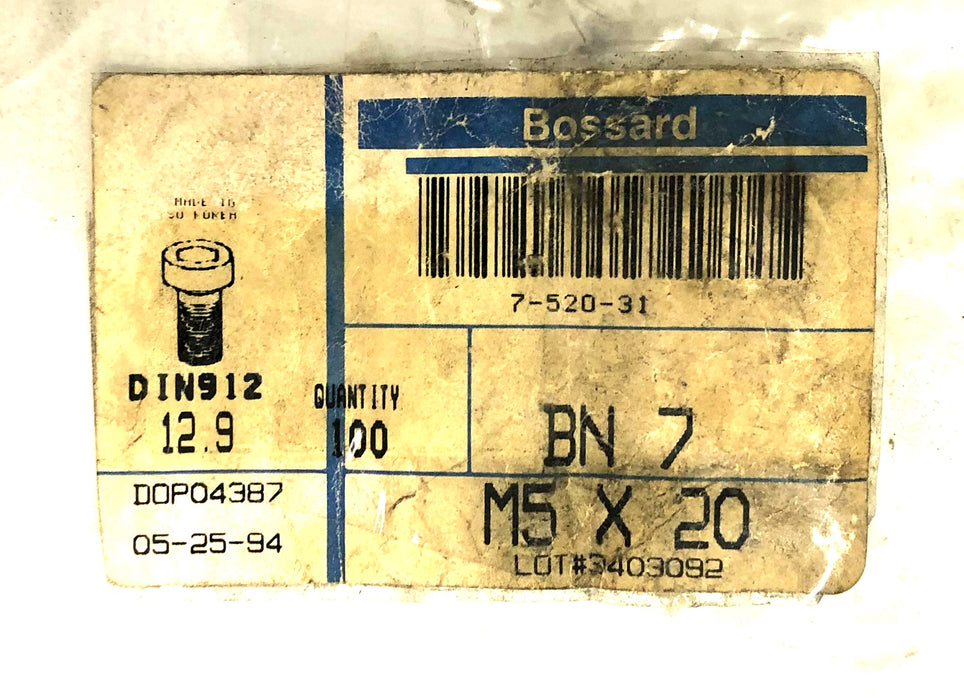 Bossard DIN912 12.9 M5X20 Socket Head Cap Screw BN-7 [Lot of 60] NOS