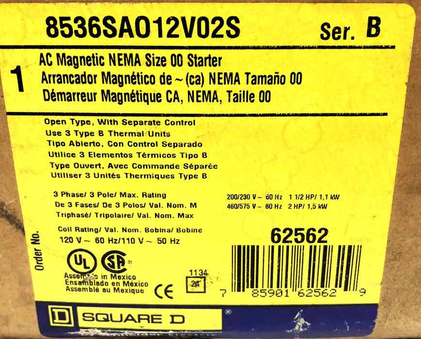 Square D Series B NEMA Motor Starter 8536SAO12V02S NOS