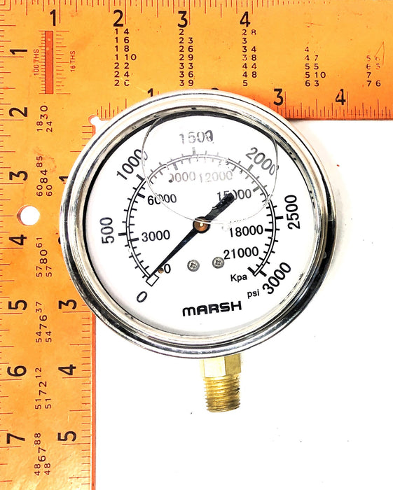 Marsh Pressure Gauge 0-3000 PSI 0-21000 KPA 4-in Dia 1/2 inch Thread 3000PSI NOS
