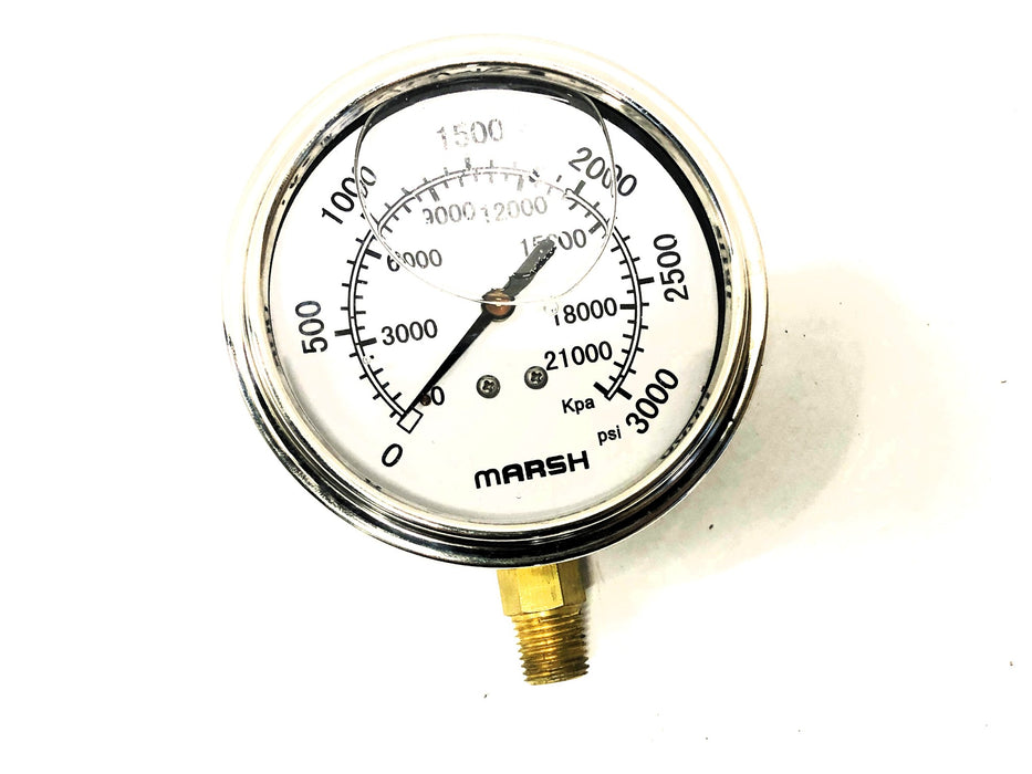 Marsh Pressure Gauge 0-3000 PSI 0-21000 KPA 4-in Dia 1/2 inch Thread 3000PSI NOS