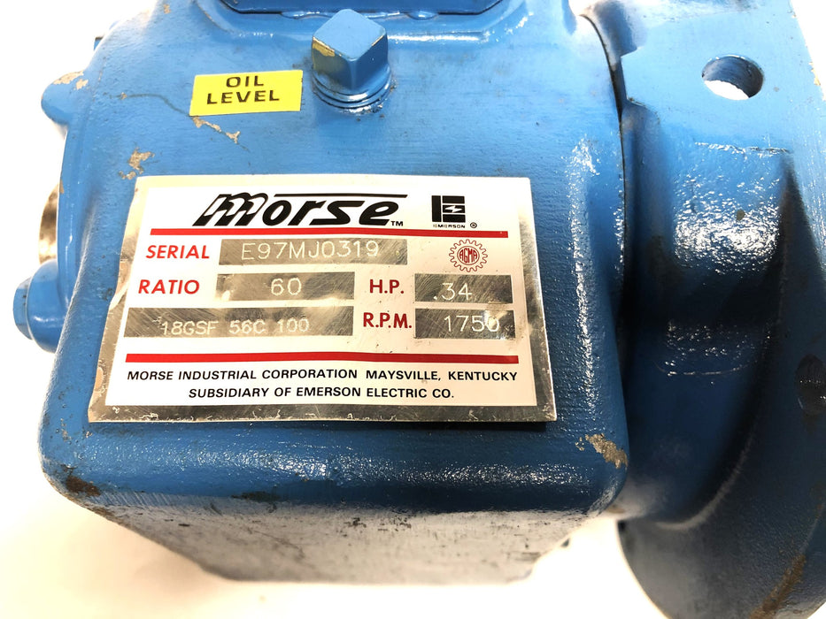 Morse .34HP 1750RPM 60 Ratio Shaftmount Reducer 18GSF-56C-100 USED
