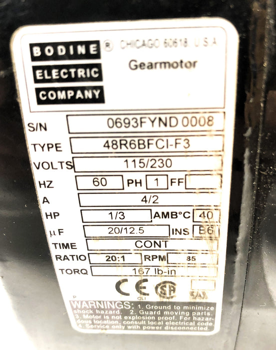 Bodine Gearmotor 115/230V 60 Hz 48R6BFCI-F3 (0693FYND0008) NOS