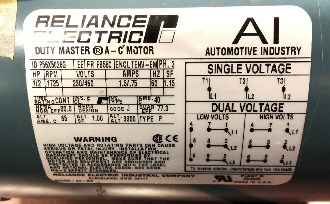 Reliance Electric 230/460V 60Hz 1725RPM 1/2HP Duty Master AC Motor P56X5026G NOS
