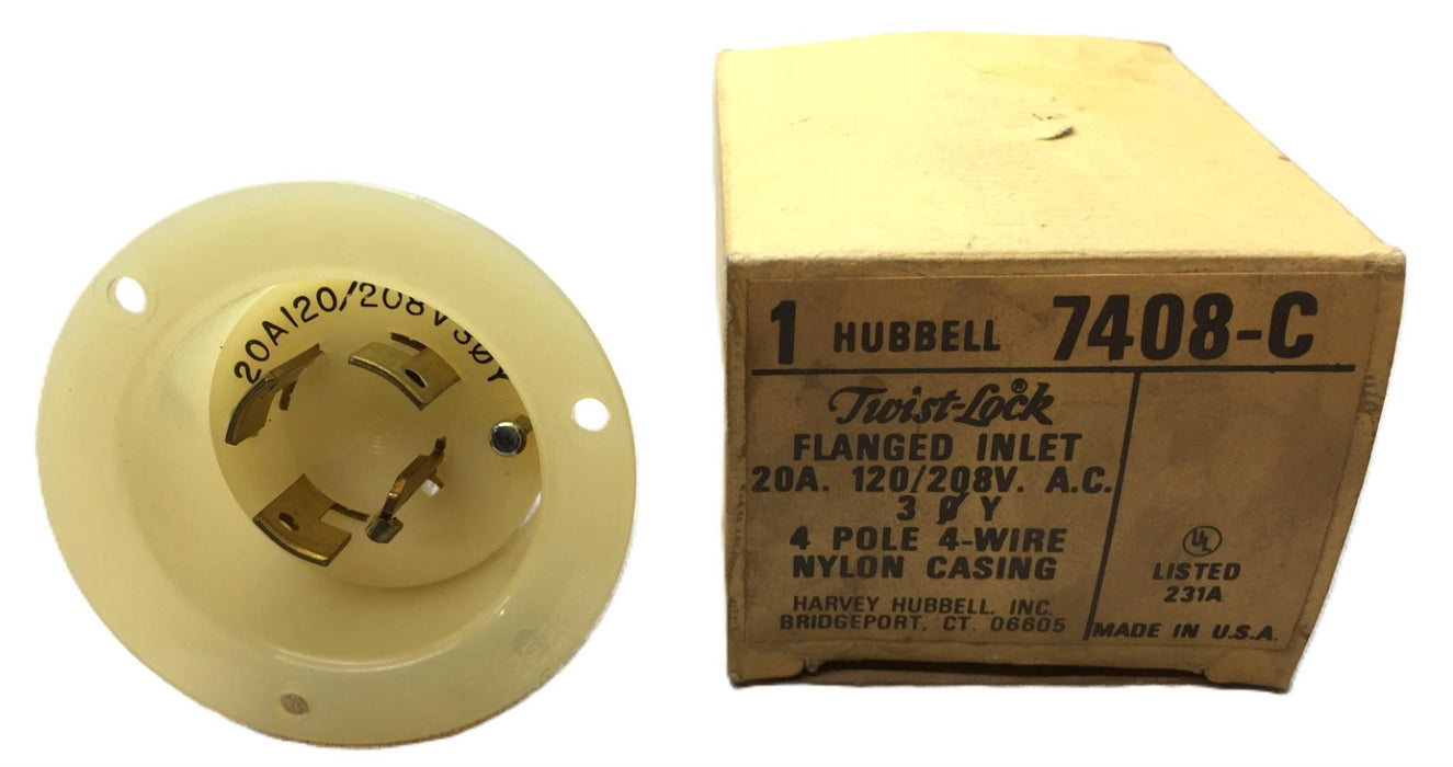 Hubbell 20A/120/208VAC 4-Pole/Wire Nylon Casing Twist-Lock Flanged Inlet 7408-C