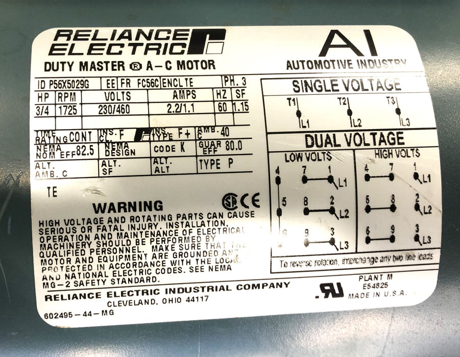 Reliance Electric 230/460V 60H 1725RPM 3/4HP Duty Master AC Motor P56X5029G USED