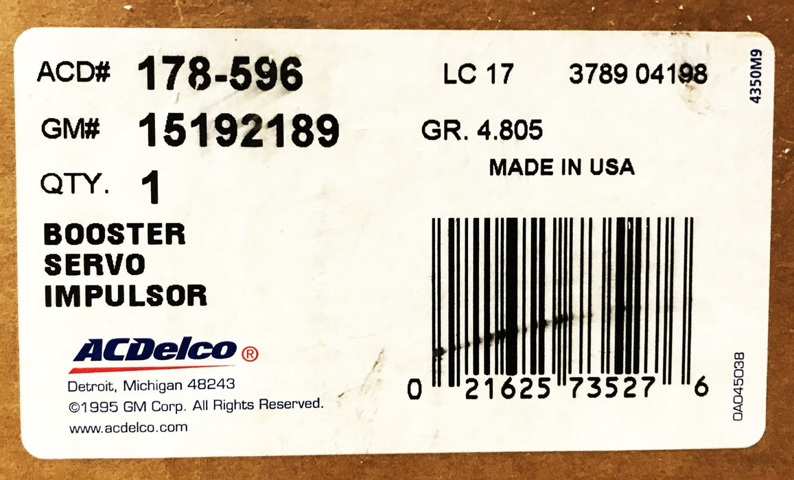 ACDelco GM Power Brake Booster Assembly 178-596 (15192189) NOS