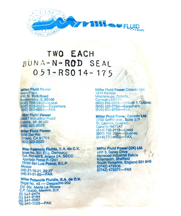 Miller Fluid Power Buna-N-Rod Seal Pack (2pcs) 051-RS014-175 NOS