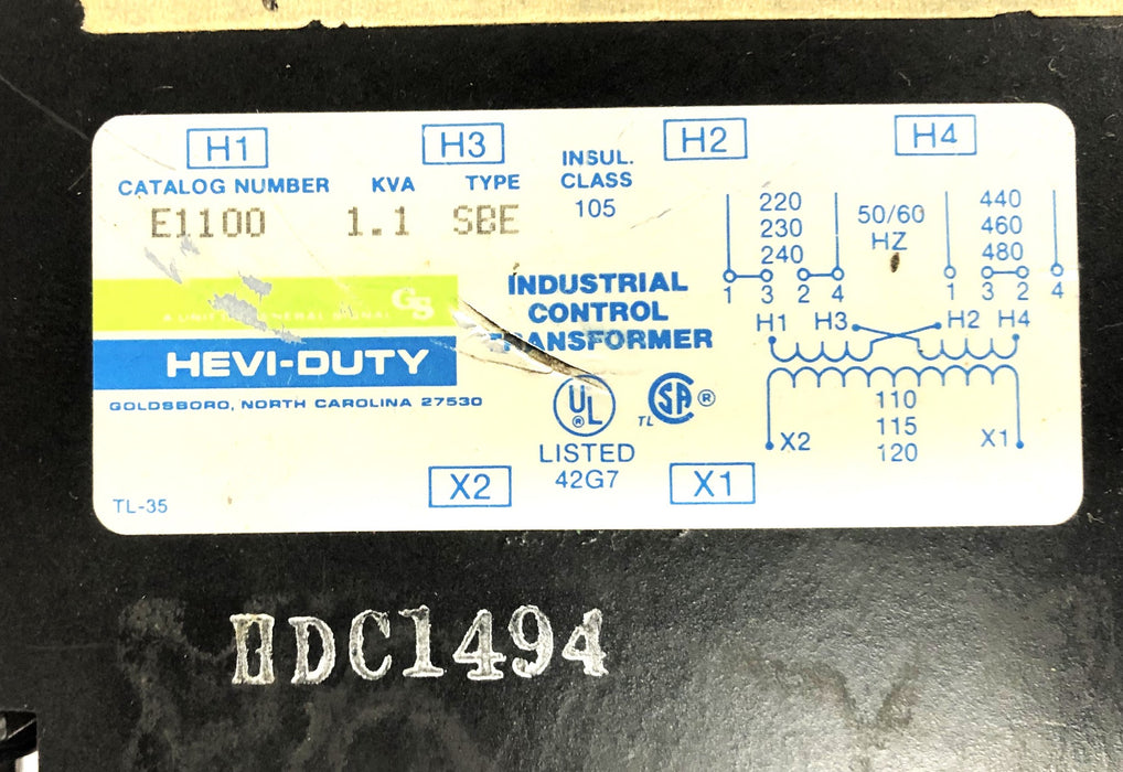 Hevi-Duty KVA Class 105 Type SBE 1.1 Industrial Control Transformer E1100 USED