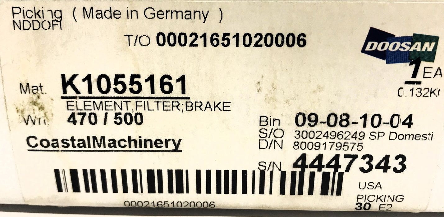 Doosan Brake Filter Element K1055161 NOS