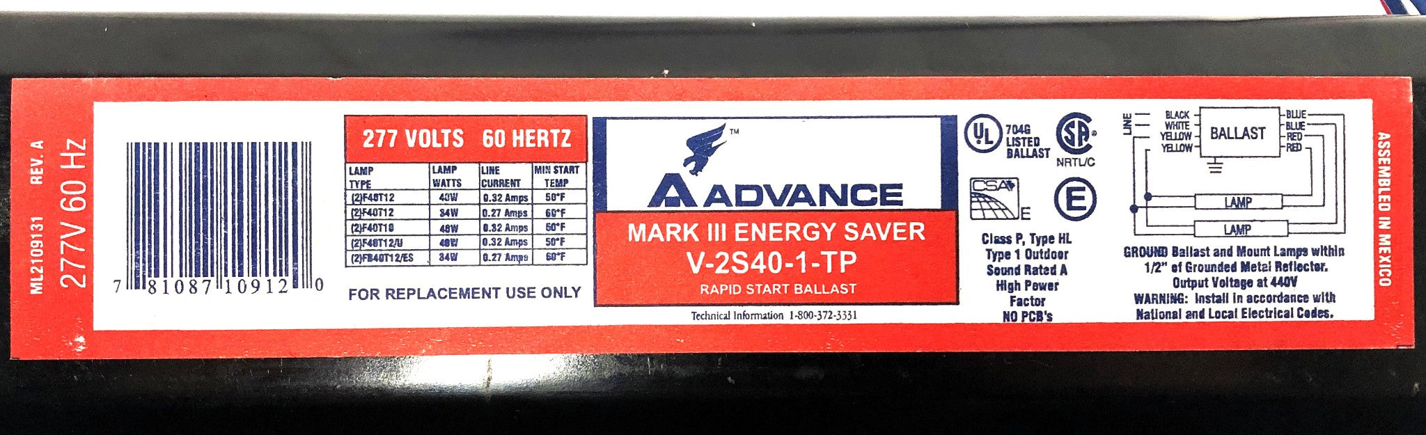 Advance Rapid Start Ballast Mark III Energy Saver V2S401TP [Lot of 2] NOS