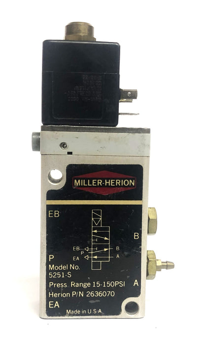 Miller-Herion 15-150 PSI Solenoid Valve 2636070 5251-S USED