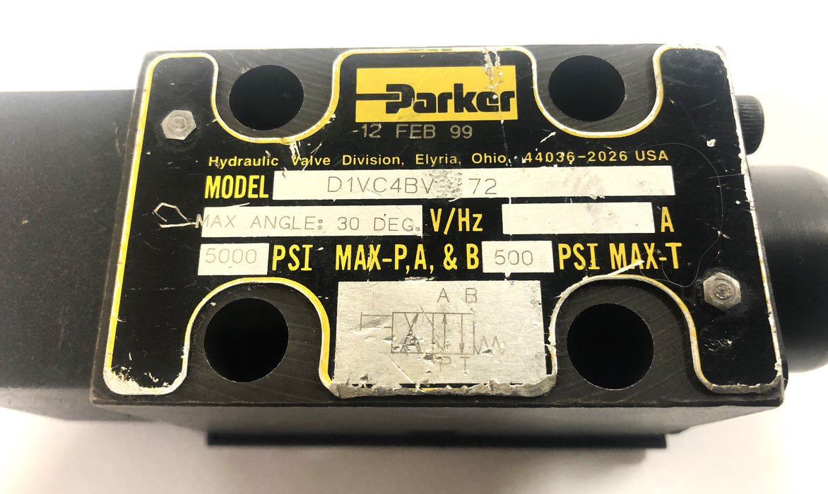 Parker 30 Degree 5000PSI Directional Control Valve D1VC4BV 72 USED