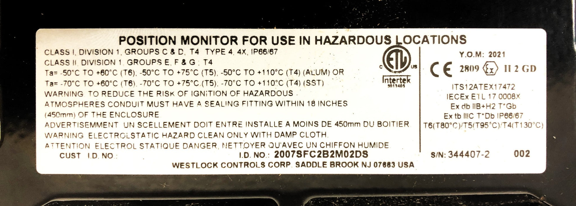 Westlock Position Monitor/Transducer 2007SFC2B2M02DS NOS