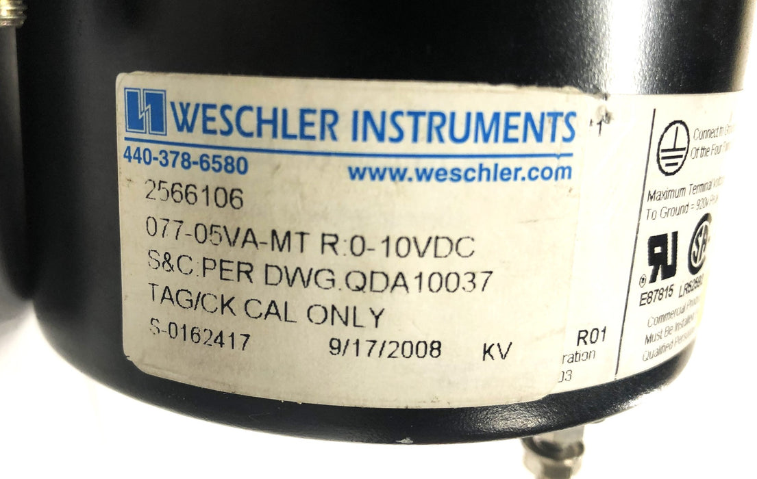 Weschler Instruments R:0-10VDC Analog Panel Meter 077-05VA-MT NOS