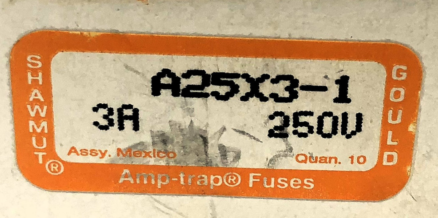 Gould Shawmut Amp-Trap Box of (10) 3 Amp 250 VAC Fuse A25X3 (A25X3-1) NOS