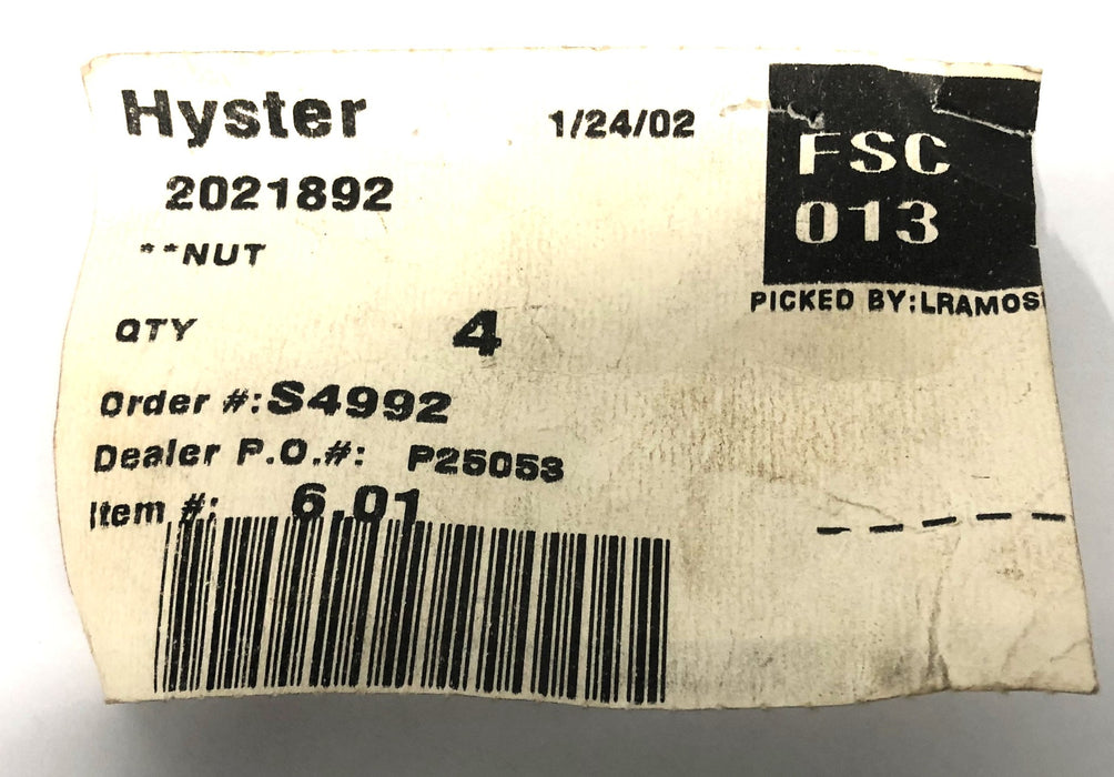 Hyster Forklift Hex Nut 2021892 [Lot of 4] NOS