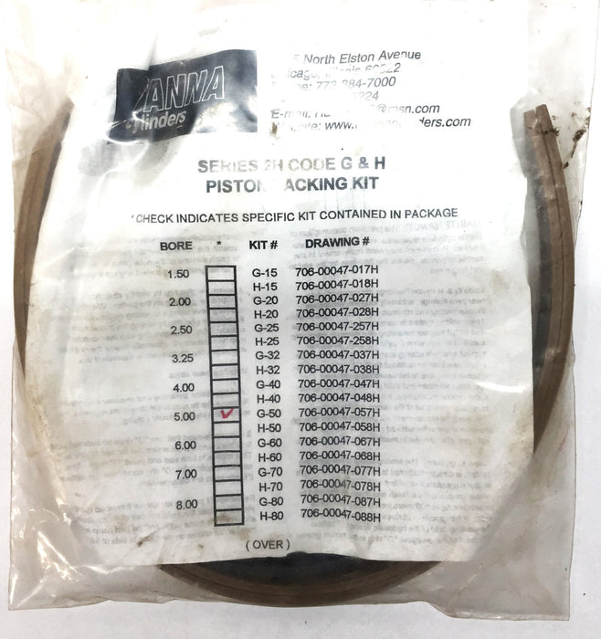 Hanna Cylinders Series 2H Code G and H Piston Packing Kit 706-00047-057H NOS