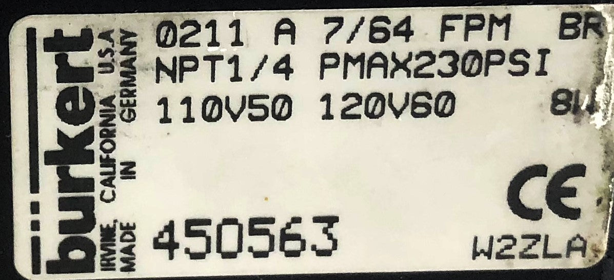 Burkert 1/4 NPT Solenoid Valve 450563 NOS