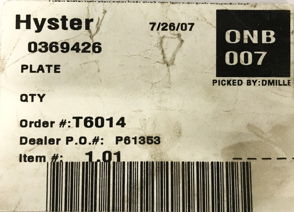 Hyster Forklift Plate 0369426 NOS