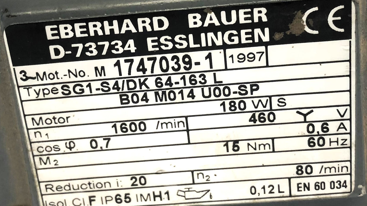Eberhard Bauer Gear Motor SG1-S4/DK64-163L (1747039-1) USED