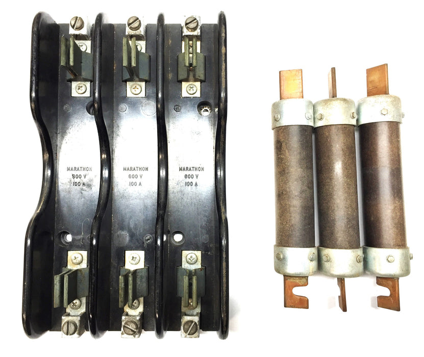 Marathon 600V/100A Fuse Block w/Buss FRS-P90 (3) Fuse Series GF100A NOS