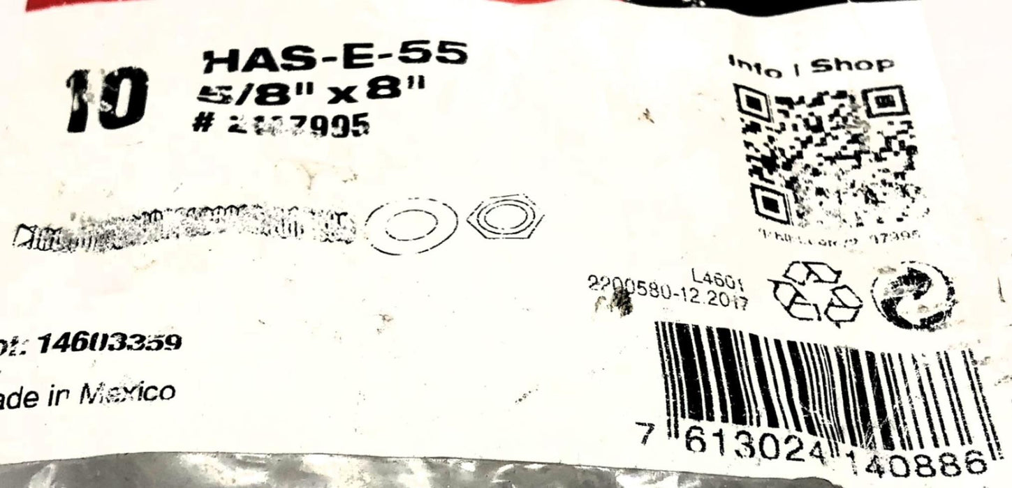 Hilti Pack of (10) 5/8" x 8" Anchor Bolts W/ Hex Nuts & Washers HAS-E-55 NOS